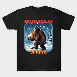 Bigfoot with his friend the Robin. T-Shirt